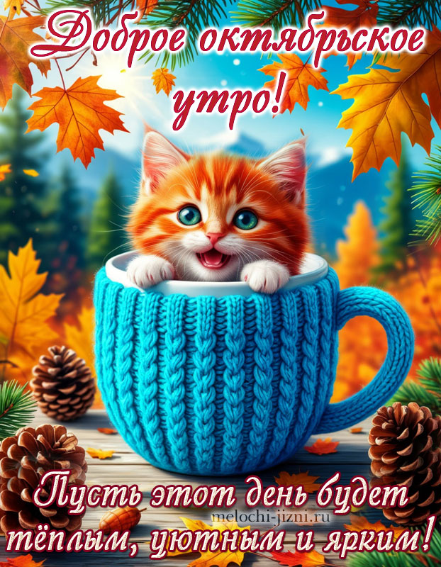 картинка доброго октябрьского утра и дня с котиком и пожеланием: пусть день будет теплым уютным и ярким