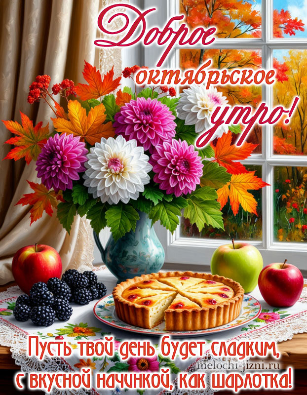 Доброе октябрьское утро и хорошего дня картинка с пожеланием: пусть твой день будет сладким как шарлотка