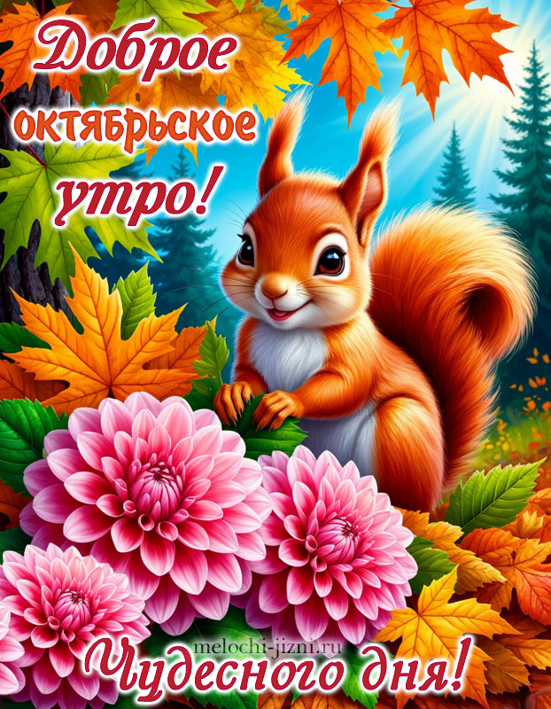открытка с добрым утром осенняя красивая октябрьская с цветами и белочкой
