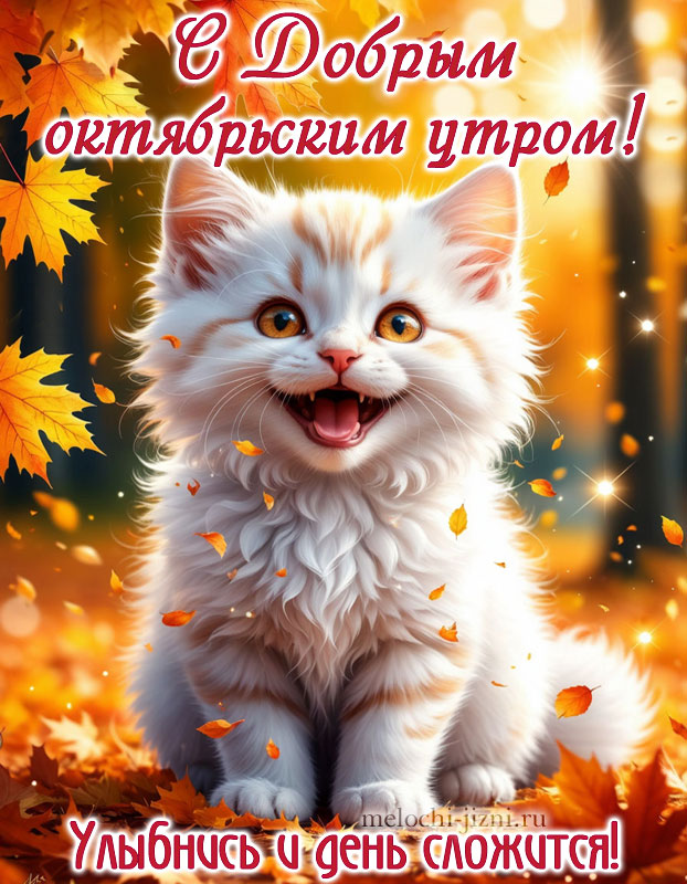 С добрым осенним октябрьским утром картинка с котиком и пожеланием: улыбнись и день сложится