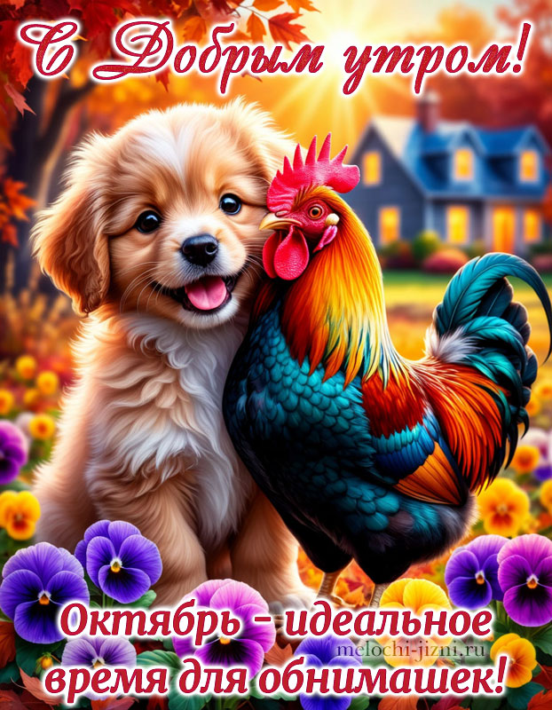 Открытка с добрым утром октября красивая бесплатно, с собакой, с щенком: октябрь - время для обнимашек
