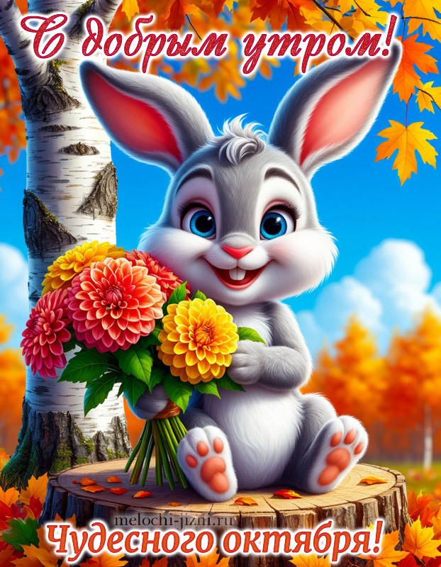 Открытка с добрым октябрьским утром прикольная, с чудесного октября, с зайцем и букетом цветов