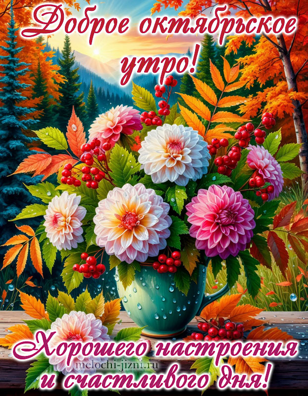 доброе октябрьское утро картинка пожелания скачать бесплатно, с букетом цветов, осенняя природа, хорошего настроения и счастливого дня