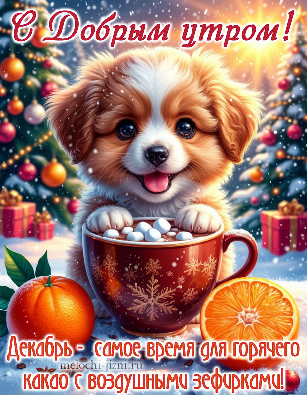 доброе утро декабря картинки красивые скачать, картинка с пожеланием декабрь самое время для горячего какао с зефирками, открытка с щенком