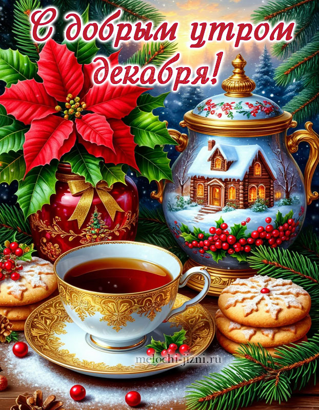 доброе утро картинки зимние декабрь, картинка с чаем печеньем и цветами