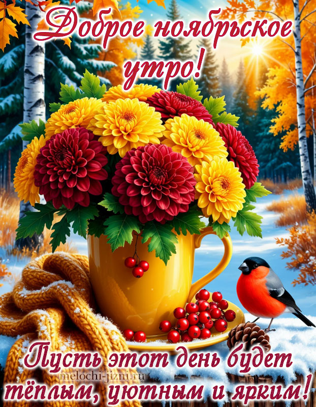 Скачать бесплатно открытку с добрым ноябрьским утром, картинка с пожеланием пусть этот день будет теплым, уютным и ярким