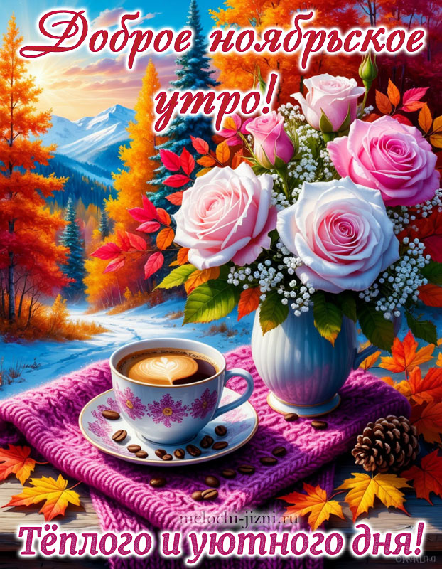 Скачать картинку с добрым ноябрьским утром, открытка с пожеланием теплого уютного дня, с кофе и цветами