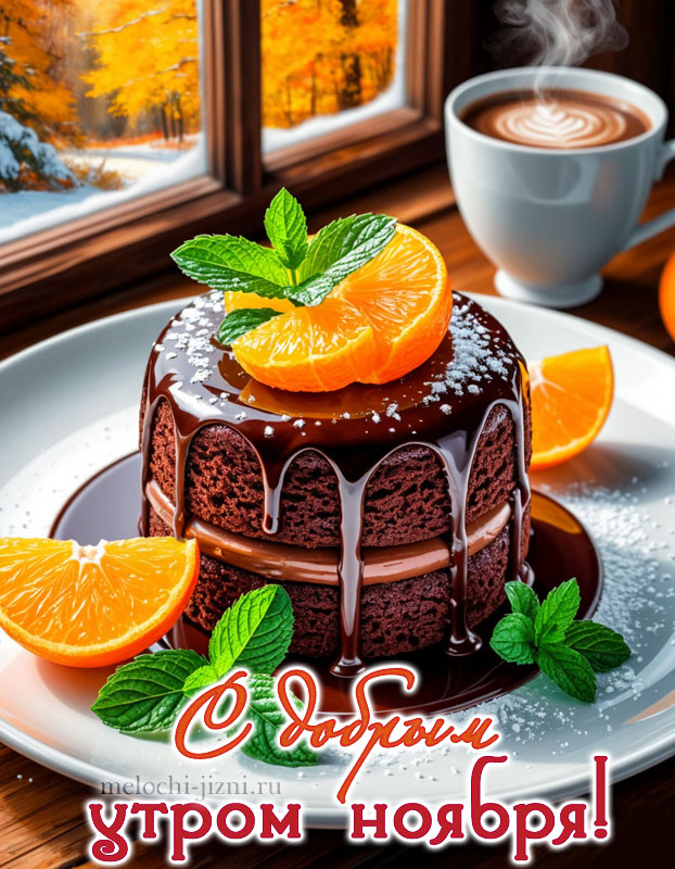 Картинка с добрым утром ноября новая, открытка с кофе и тортиком